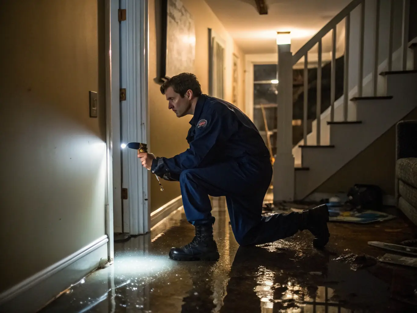 A team of Emergency Restoration Georgia technicians inspecting water damage in a residential home, with visible water stains and damaged flooring.