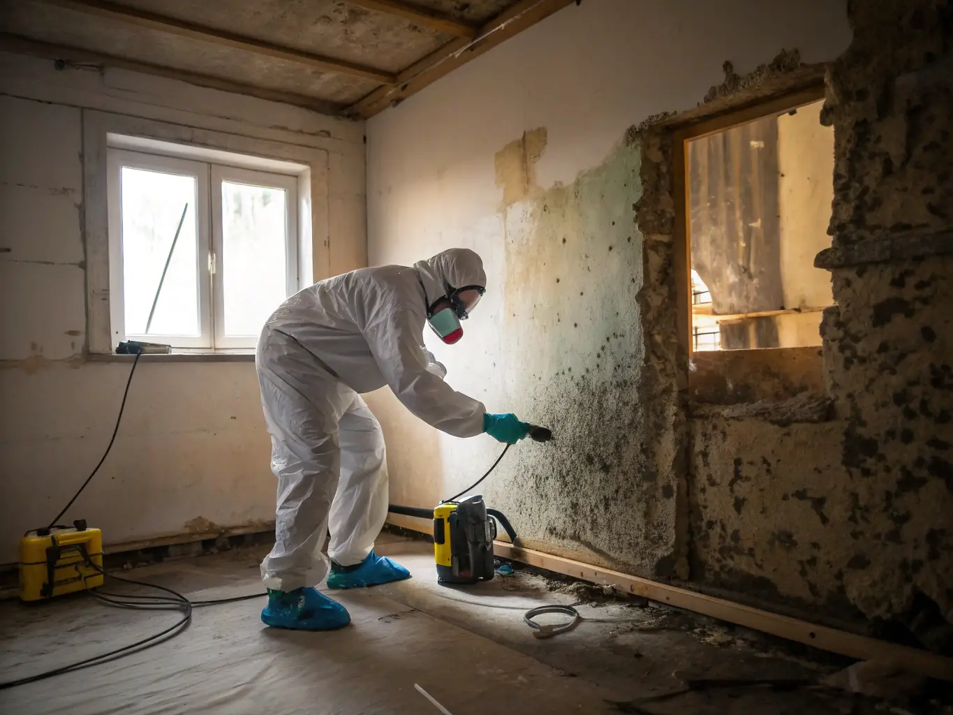 A technician in protective gear conducting mold remediation in a basement, with visible mold growth on the walls.