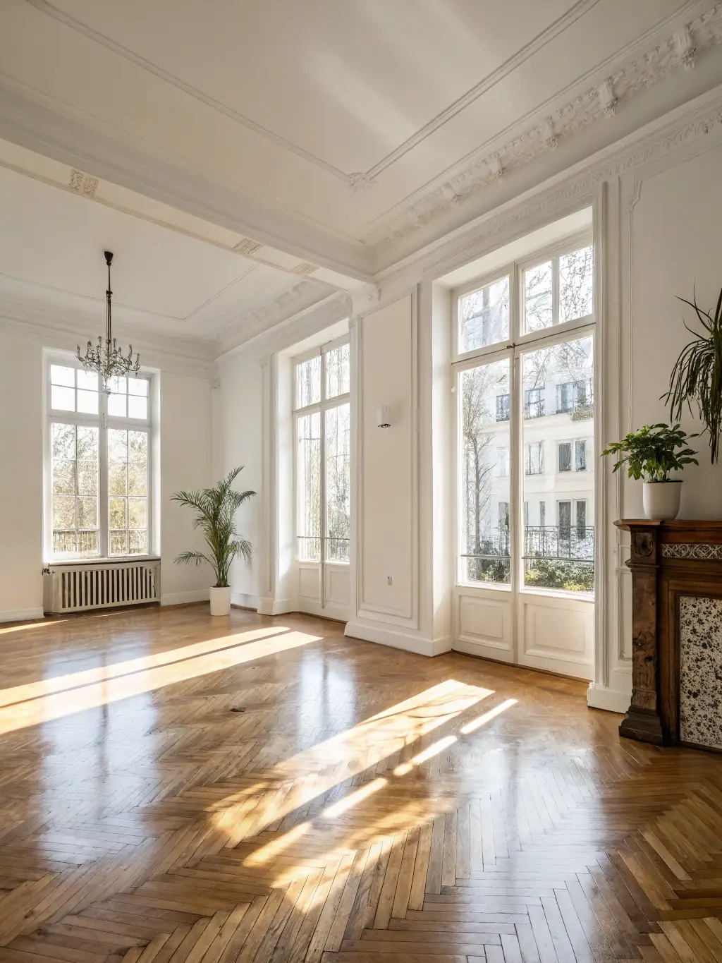 A high-quality photo showcasing a home interior after water damage restoration, with visible drying equipment and restored flooring.