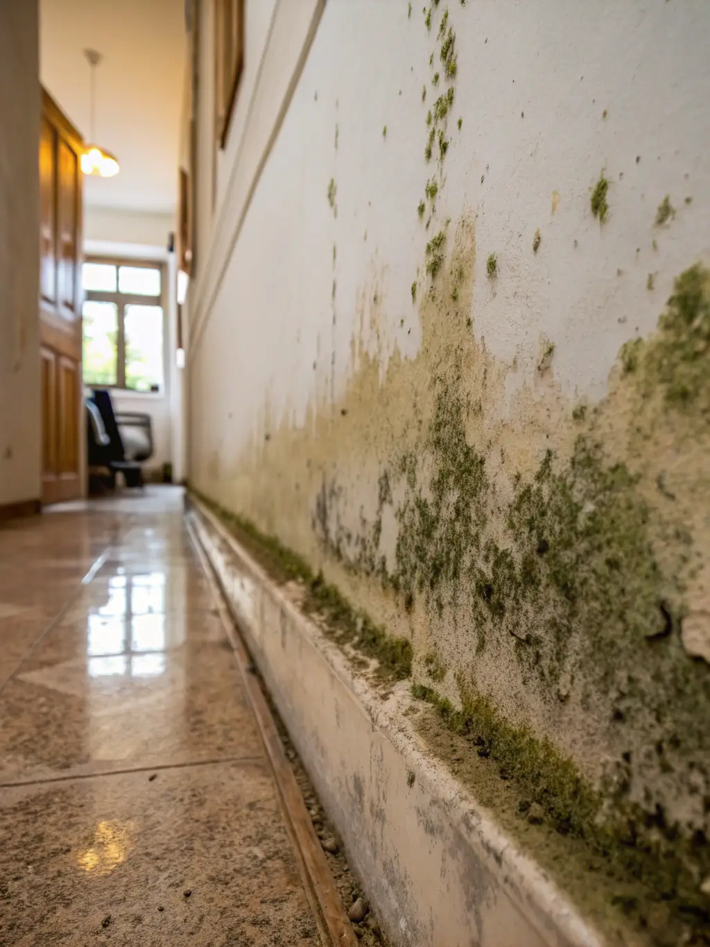 A close-up shot of mold growth on a damp wall, emphasizing the health risks associated with mold and the necessity of professional remediation.