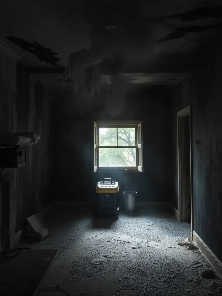 A room with visible smoke damage, including blackened walls and damaged furniture, highlighting the effects of smoke and the importance of professional cleaning.