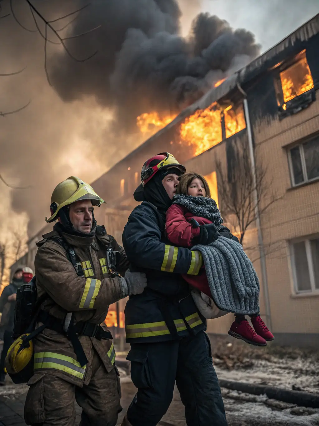 A house engulfed in flames, with firefighters battling the blaze, illustrating the severity of fire damage and the need for immediate restoration.