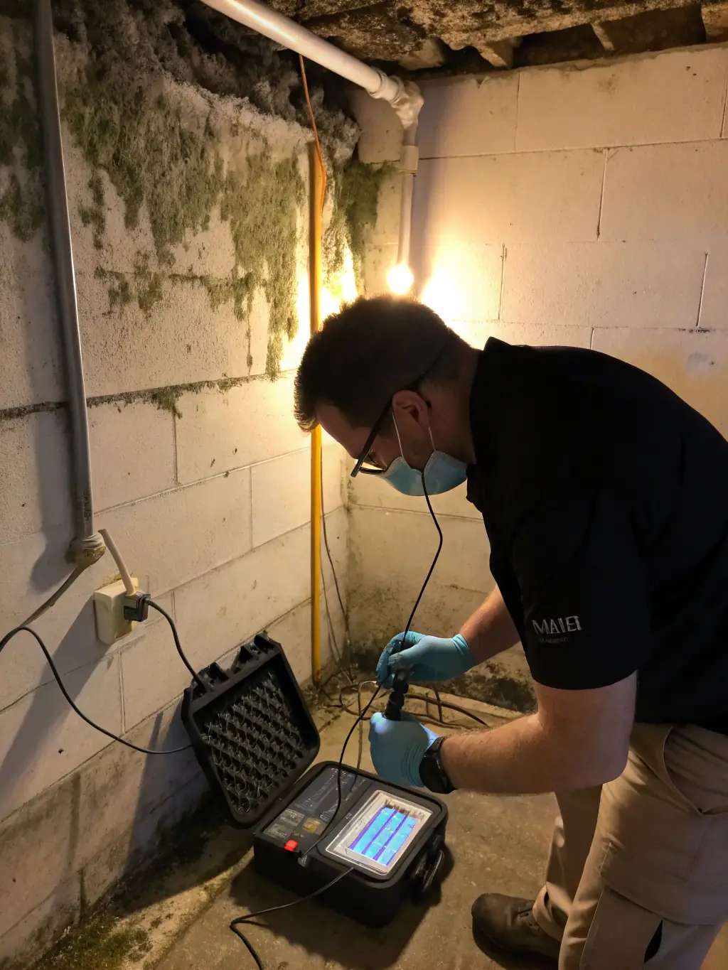 A photo of a technician in protective gear conducting mold remediation in a basement, with specialized equipment visible.